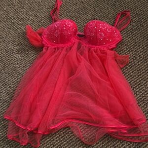 Victorias Secret Neon Pink Chiffon And Lace Babydoll Lingerie